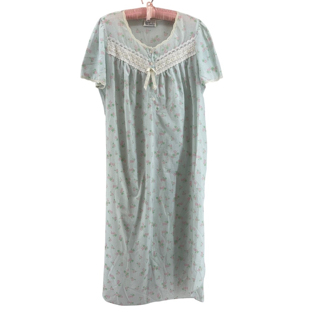 VTG Coquette Nightgown L Floral House Dress MuuMuu Blue Short Sleeve Lace‎ Trim